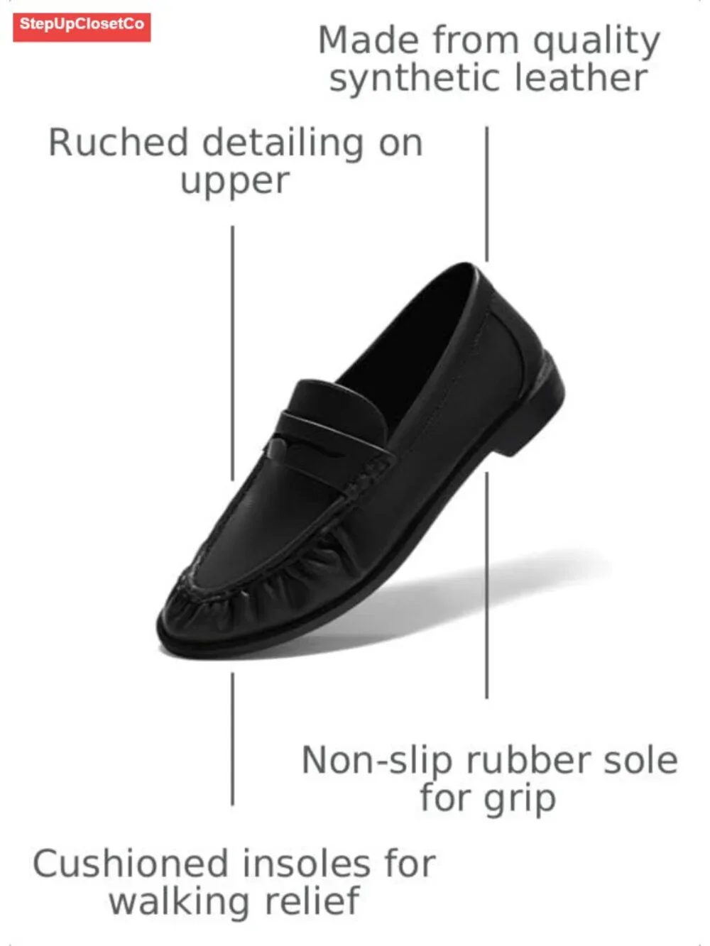 Faux Leather Penny Loafers for Women Comfortable Slip On Work Flats